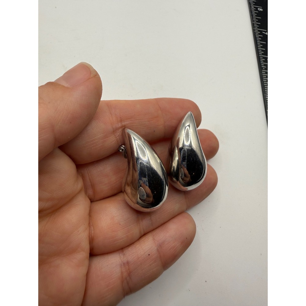 Silver Tone Chunky Teardrop Stud Earrings Sculptural Bold High Polish Statement